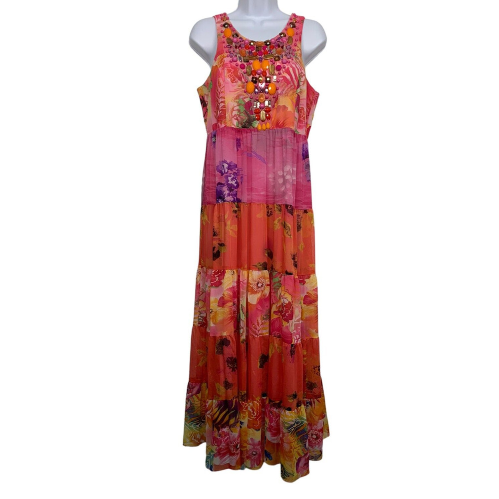 DG2 Diane Gilman Women M Pink Floral Maxi Dress Beaded Bodice Elastic Back
